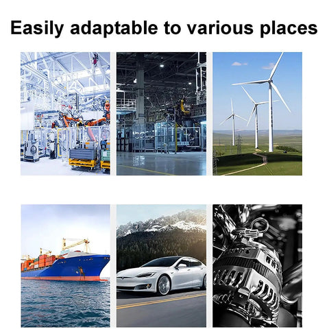 Collage showcasing adaptability of technology in factories, wind farms, shipping, automotive, and energy sectors.
