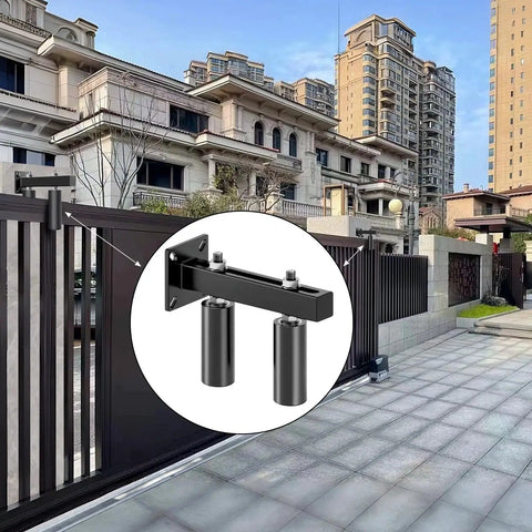 Six Inch Slide Gate Guide Roller With Black Steel Bracket Adjustable UHMW Nylon Rollers Up To Five Point Five Inches Heavy Duty installed on driveway gate