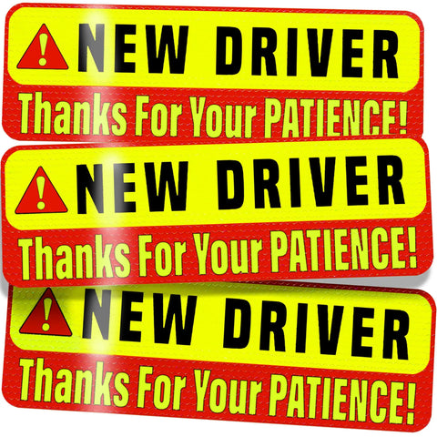 Extra Large Driver Sign For Car 3 Pack Magnetic Bumper Stickers Yellow Reflective Road Safety Sign For Learners And Beginner Drivers Fits Most Vehicles shown in three pieces with warning symbols.