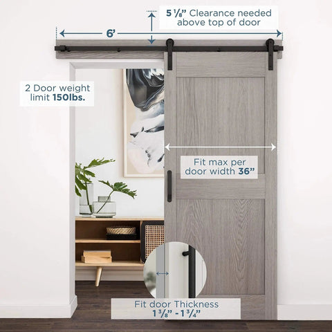 Builder Interior Sliding Barn Door Kit Two Piece 72 Inch Matte Black With All Mounting Hardware installed in doorway
