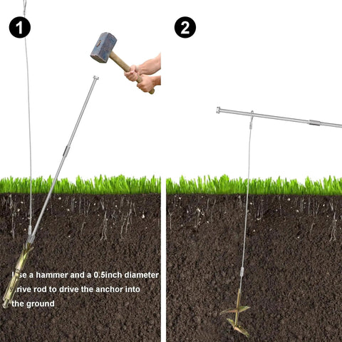 Illustration showing installation of 12 Pack Ground Earth Anchors With Drive Steel Tool 30 Inch Cable Hook Anchors One Eighth Inch For Sheds