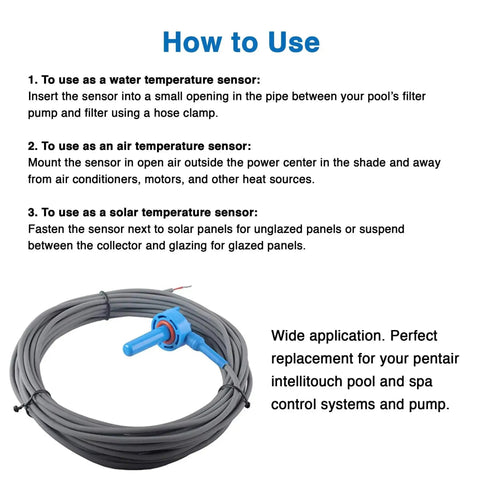 Air Water Solar Temperature Sensor 520272 With 20 Foot Cable Replacement for Pool and Spa 10K Thermistor with usage instructions