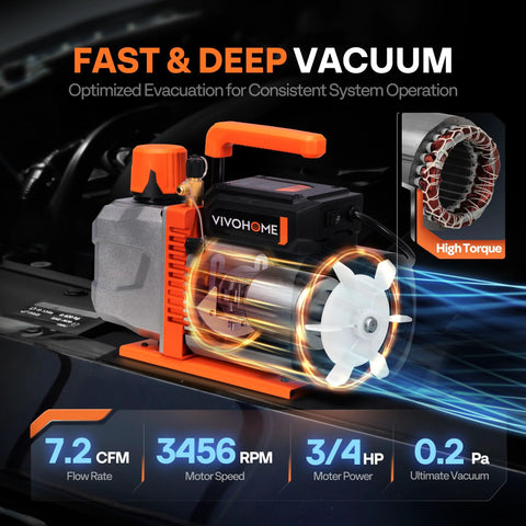 VIVOHOME VG Series AC vacuum pump, orange/black, 3/4 HP, 7.2 CFM for automotive HVAC