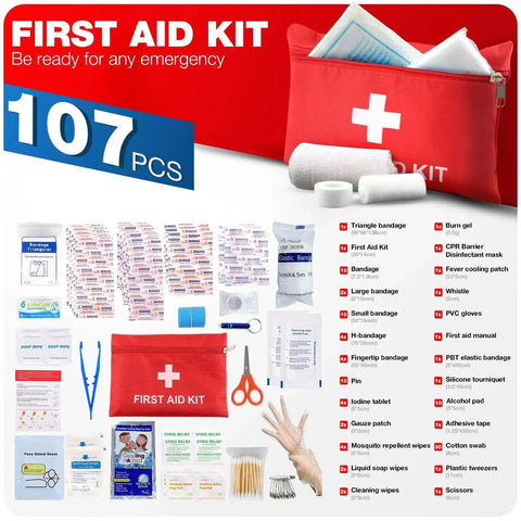 Compact 107 Piece First Aid Kit For Home Car Travel Hiking Camping And Outdoor Sports Ultra Lightweight Trauma Emergency Gear Pocket Size 7.5 By 5.2 By 1.5 Inches. Red pouch with supplies.