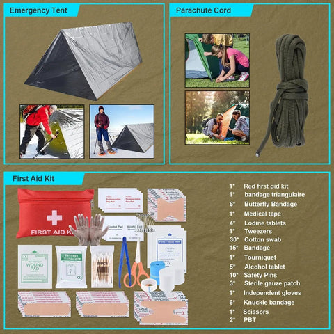 251 Piece Emergency Survival Kit With Crossbody Bag including tent, parachute cord, and first aid supplies for any adventure.