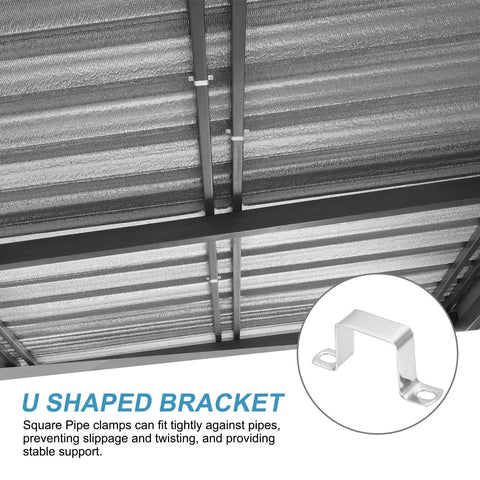 4 Pack 40x40mm Square Pipe Clamp Set 304 Stainless Steel U Shaped Connector Bracket installed on ceiling for industrial support.