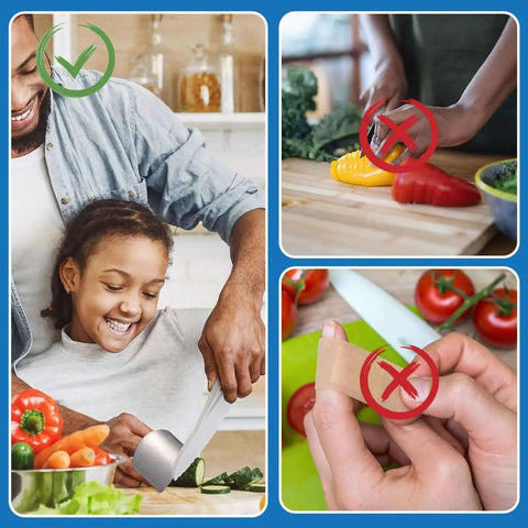 Image of a dad and daughter using 10 Piece Finger Guard Set For Cutting Kitchen Protection With Stainless Steel Finger Protectors