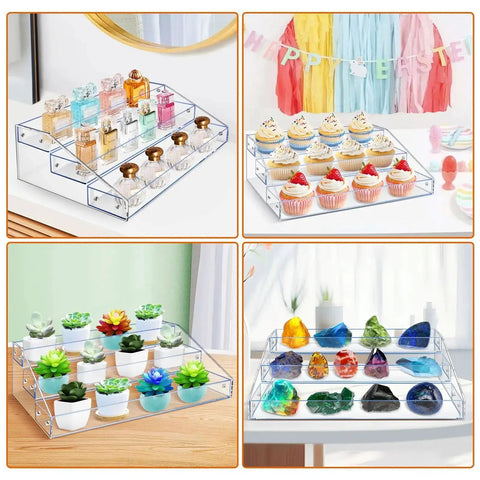 Clear Acrylic Miniature Display Shelf 2.75 Inch Wide Three Tier Stand For Figures, Vinyl Toys, Dolls And Jewelry