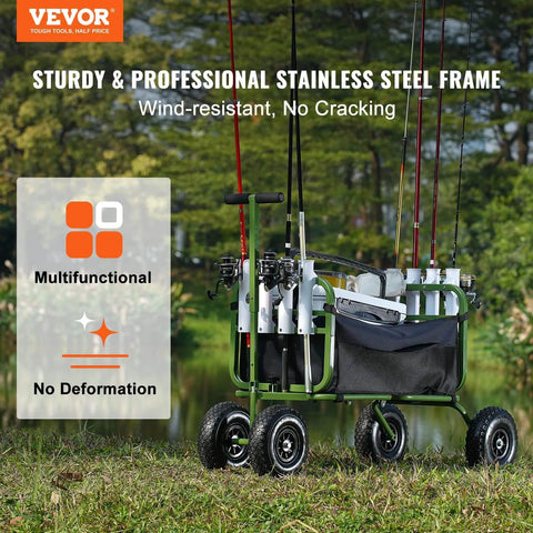 Heavy Duty Folding Fishing Cart With Four 11 Inch Wheels And 300 Pound Load Capacity Rust Resistant Steel Beach Wagon Trolley For Picnic And Eight Rod Holders on grass with fishing rods.