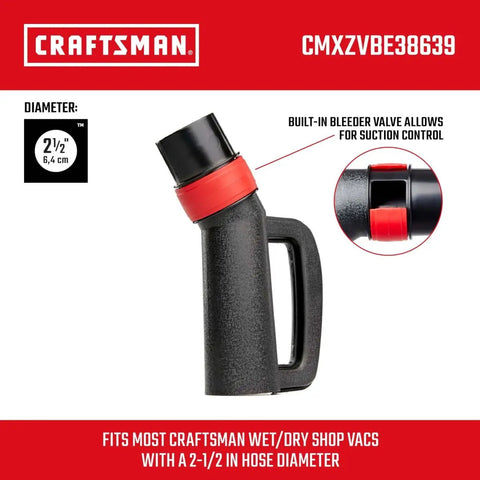 2-1/2 Inch Hose Grip Handle Wet Dry Vac Attachment With Bleeder Valve featuring ergonomic angled design for shop vacuum use.