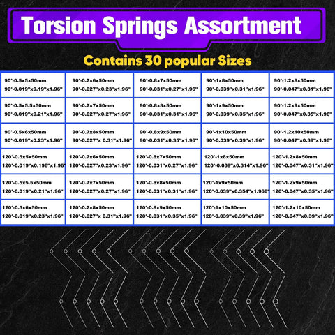 Ninoge stainless steel torsion springs assortment kit, 120 pcs in 30 sizes with labeled bags for DIY repairs.