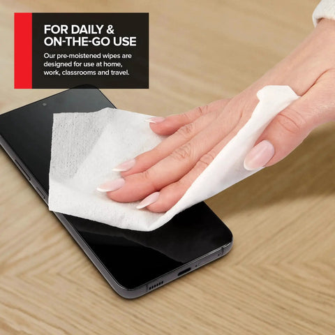 Hand using Streak-Free Electronic Screen Cleaning Wipes 80 Count 2 Pack For TVs And Devices on smartphone screen