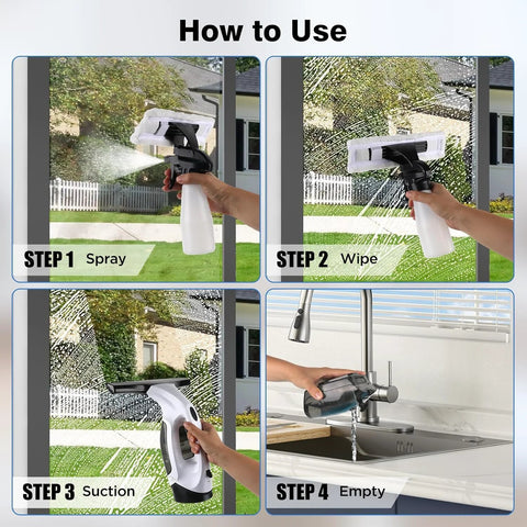 ZRHI cordless window vacuum squeegee, black; 2200mAh battery and 150ml tank; four-step use: spray, wipe, suction, empty