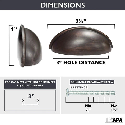 Diagram of oil rubbed bronze cabinet cup pulls three and a half inch overall length 10 pack durable drawer handles with dimensions.