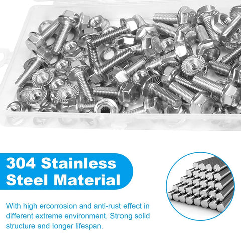 M6 Flanged Hex Head Bolts Kit, 20mm Length, 304 Stainless Steel Hardware Set With Nuts And Flat And Spring Lock Washers