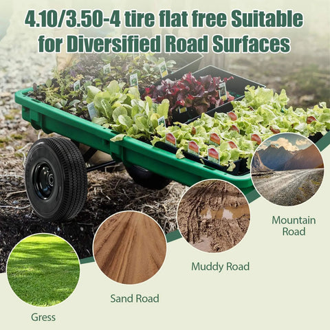 Flat Free 4.10/3.50-4 Tire And Wheel Set, Heavy Duty, 10 Inch Solid Wheel on green garden trailer with plants