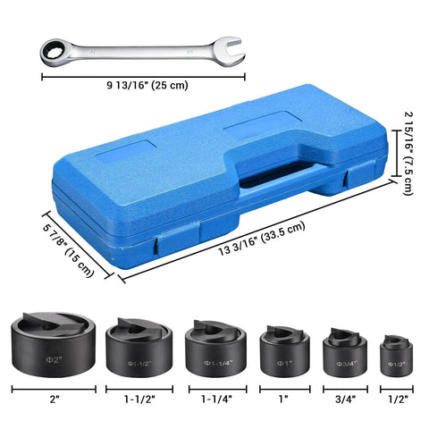 Pro Grade Knockout Hole Punch Set From Half Inch To Two Inch For Sheet Metal And Electrical Conduit Ratcheting Wrench Kit case
