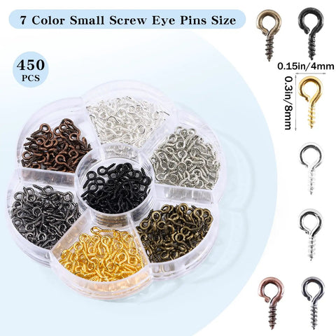 7 Color 450 Piece Eye Screw Pins Set Eight By Four Millimeter Tiny Eyelets For Jewelry Making in 7 sections tray