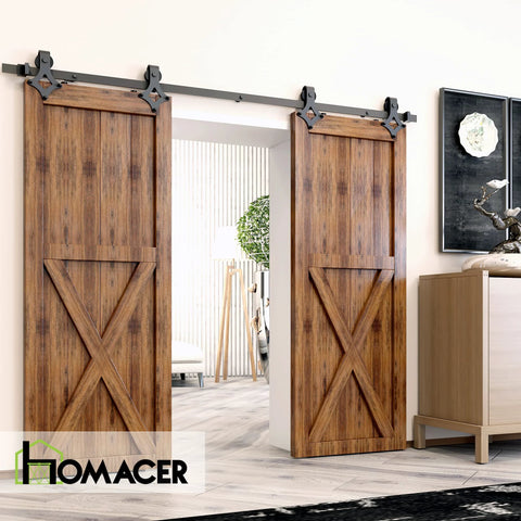 Black Rustic Non Bypass Sliding Barn Door Hardware Kit For Two Doors With 14ft Flat Track And Diamond Design Rollers visible