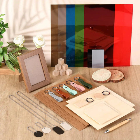 All In One 76 Piece Laser Material Explore Kit For Engraving Essentials With Wood Metal PU Leather PVC And More displayed