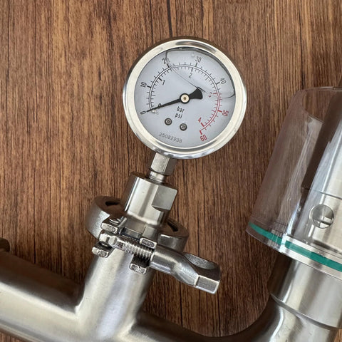 Geife 1.5in tri-clamp spunding valve with TC diaphragm pressure gauge, SS304 stainless steel.
