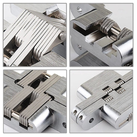 Close-up of Hidden Door Hinges Two And Three Eighths Inch Concealed Cross Hinges Zinc Alloy 180 Degree Swing 8 Pack