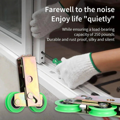 End Adjust Tandem Patio Door Rollers With Steel Carrier And Ball Bearing Wheels Nylon Wheel Option Recess Mount In Bottom Rail Supports Up To 150 Lb Compatible With Aluminum Tracks Durable Heavy Duty Construction installed on a sliding door.
