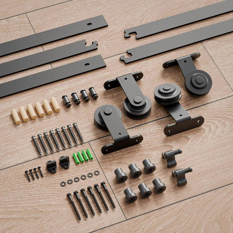 11Ft Bypass Sliding Barn Door Hardware Kit For Two Doors, Single Track System with screws, rollers, and rails on wood floor