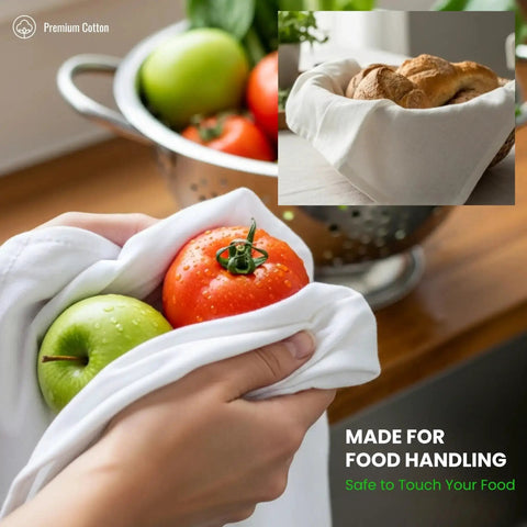 Person using Ultra Thick Cotton Dish Cloths 4 Pack 13x13 Inches for handling fruits and bread, showing absorbency and food safety.