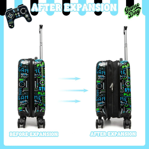 Kids 3 Piece Luggage Set 16 Inch Hardside Suitcase With Spinner Wheels expansion view in gaming theme design.