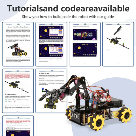 ACEBOTT robot arm expansion pack with smart car starter kit; robot arm on wheels with cables and tutorial screens.