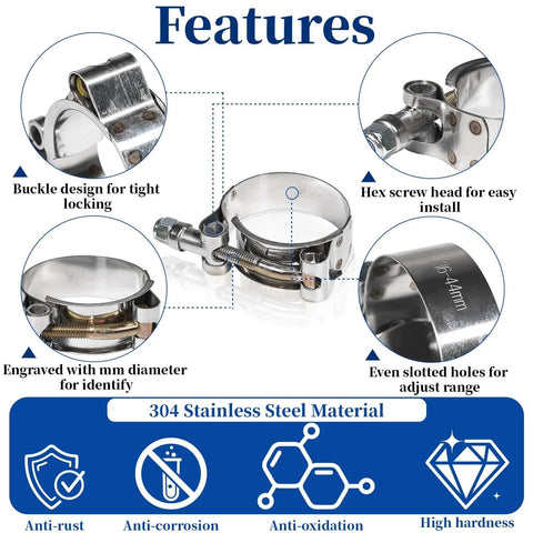 Features of 18 Pcs T Bolt Hose Clamp Kit Stainless Steel 304 Heavy Duty Clamps For Radiator Turbo Intercooler Hoses