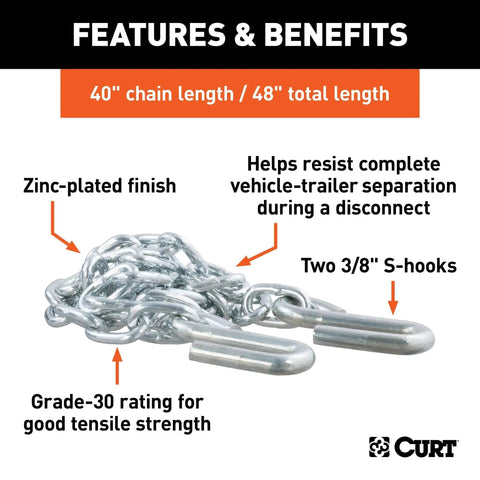 48 Inch Trailer Safety Chain With Three Eighths Inch S Hooks, Grade 30 Chain, Two Thousand Pound Break Strength For Towing