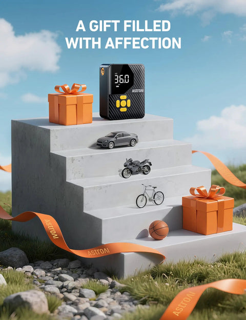 Compact Portable Tire Inflator For Cars Bikes And Balls With 150 PSI Pump Built In Tire Pressure Gauge And LED Light Ultra Quick Inflation For Car Truck Motorcycle And Bike AstroAI L7 Mini displayed with gifts and accessories.