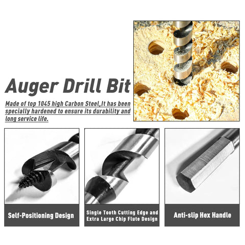 Close-up of Six Piece Twelve Inch Long Auger Drill Bit Set With Hex Shank From One Quarter To Seven Eighth Inch in wood shavings.