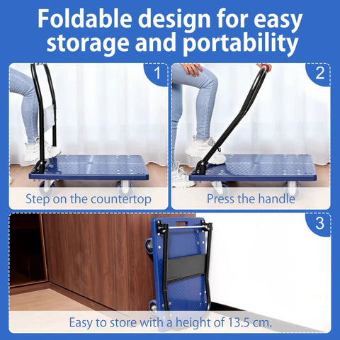 Foldable Push Cart Dolly With 360 Degree Swivel Silent Wheels in storage position, showing easy storage and portability features.