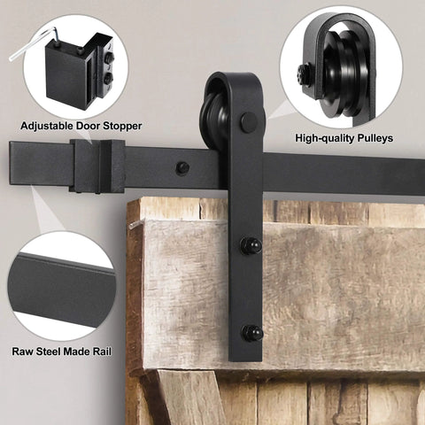 Heavy Duty Sliding Barn Door Hardware Kit With Hangers And Track Includes Two 3.3 Ft Tracks Black Carbon Steel 200 Lb Load Capacity Smooth And Quiet Roller System J Shape Rollers Ideal For Barns Closets And Garages; close-up view.