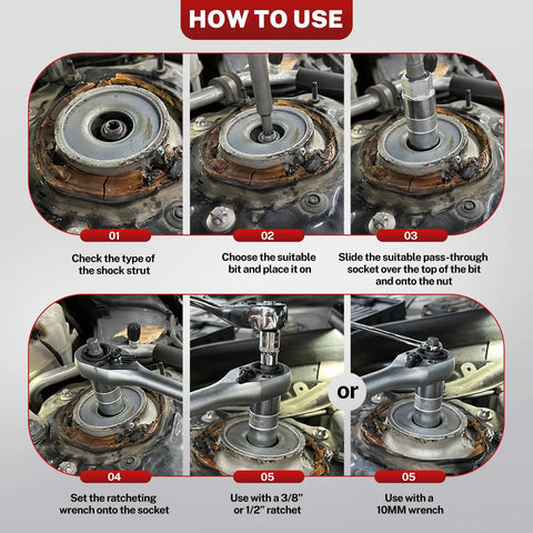 BILITOOLS 50pc shock absorber strut nut socket set; multi-view: front/close-up step-by-step installation with ratchet.
