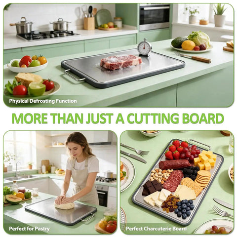 Heavy Duty 316 Stainless Steel Cutting Board 17x11 Inch Dual Sided Chopping Board For Meat And Produce With Deep Juice Grooves Food Grade Non Toxic And Dishwasher Safe AnyZone in kitchen setting with food and pastries