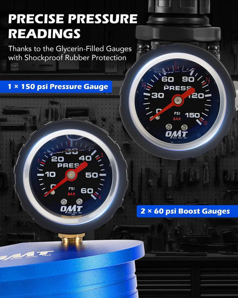 Close-up of glycerin-filled pressure gauges on the Turbo System Leak Tester For Trucks with CAC Boost by Orion Motor Tech.