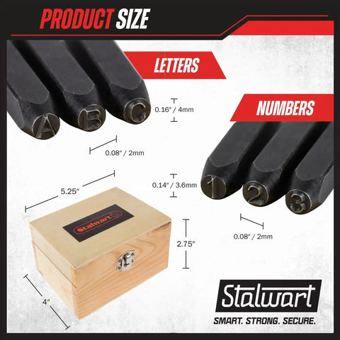 36 Piece Letter And Number Steel Punch Stamp Set With Wood Storage Case For Metal Leather And More product size details.