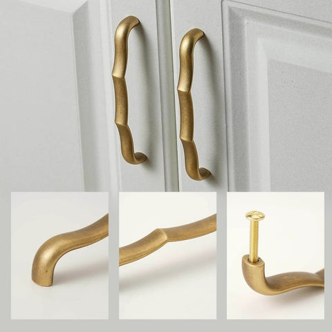 Solid Brass Cabinet Pulls 5 Pack, 5 Inch Hole Center Drawer Handles, Premium Hardware For Cupboard, Dresser, Wardrobe, And Bathroom Fixtures, Modern Classic Design, Durable, Easy Install, Rich Brassy Shine - installed on cabinet