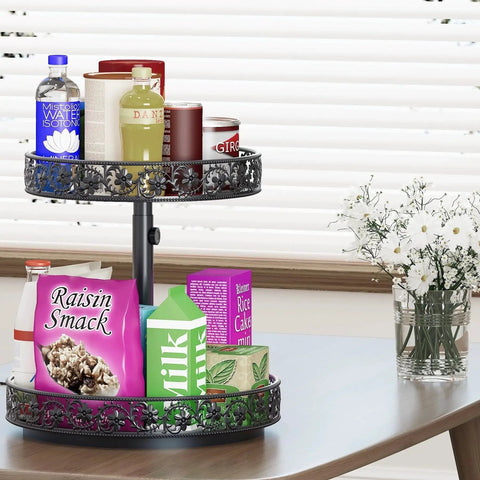 Height Adjustable Two Tier Lazy Susan Turntable For Cabinet And Countertop, 12 Inch Metal Spice Rack Organizer Rotating Shelf With Easy Assembly, Black, Maximizes Space On Kitchen Counter, Dining Table, Or Pantry showing organized snacks and bottles.