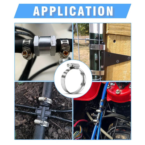 Application of Heavy Duty Hose Clamps Set 12 Pack Stainless Steel 304 Adjustable Worm Gear Drive Clamps in various settings.