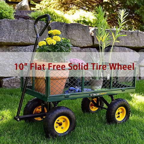 Garden cart with 10 Inch Solid Rubber Wheel Replacement With 5/8 Inch Bearings And 2.1 Inch Offset Hub, carrying potted plants