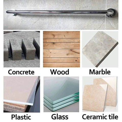 Versatile 10 Piece Drill Bit Set For Glass Tile Concrete Brick Wood Plastic Six Millimeter Cemented Carbide Masonry Bits With Alloy Steel Construction Heavy Duty All Around Drill Bits By Gunpla shown on various materials like concrete, wood, marble, plastic, and ceramic tile.