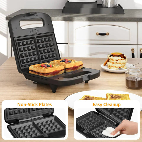 3 In 1 Waffle, Grill And Sandwich Maker with removable nonstick plates and indicator lights in kitchen setting