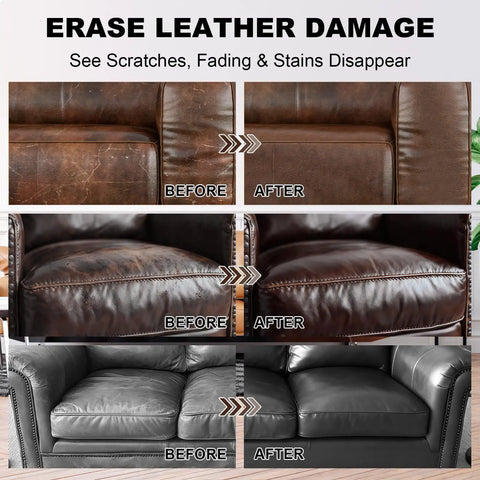 Dark Brown Leather Recoloring Balm For Furniture Repair And Restoration Startso World Leather Dye And Color Restorer For Couches, before and after images of leather couches.