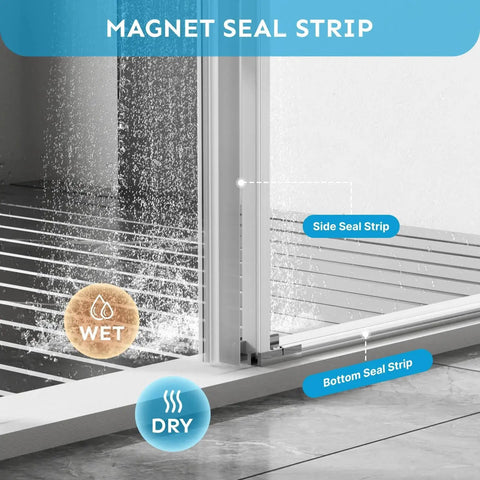 Frameless Sliding Shower Door 48x72 Inches With 1/4 Inch Tempered Glass showing magnet seal strip with wet and dry areas
