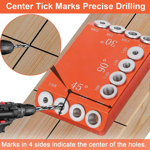 Heavy Duty Aluminum Drill Guide Jig With 30 45 90 Degree Angles Four Size Options Includes 6 Inch F Clamp for precise drilling on wood